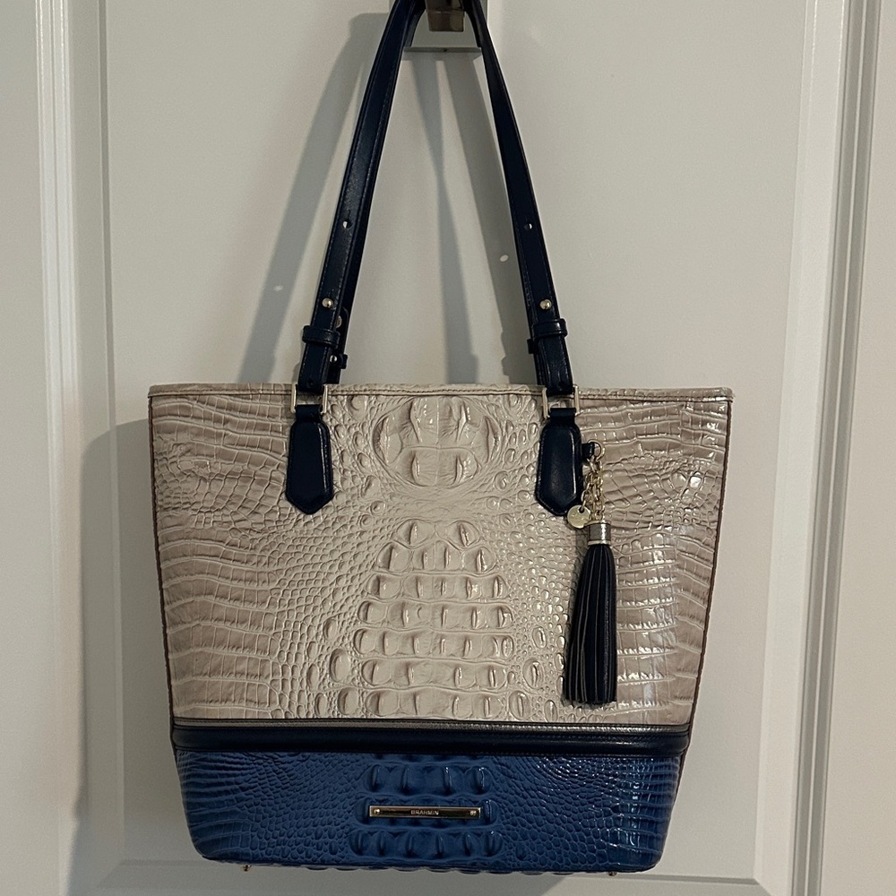Brahmin Medium Asher Croc-embossed Two-Tone Zipper Closure Tote Bag.